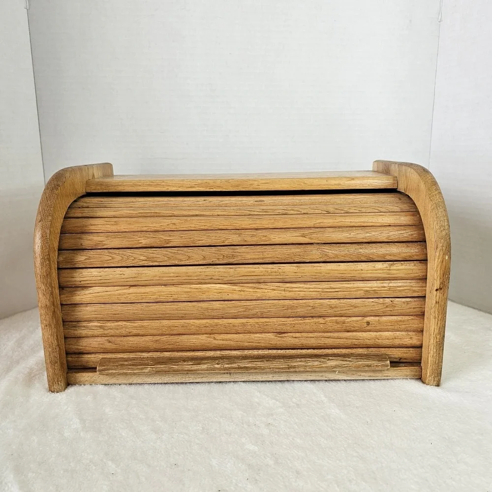 Vintage Natural Oak Roll Top Tambour Door Bread Box 16